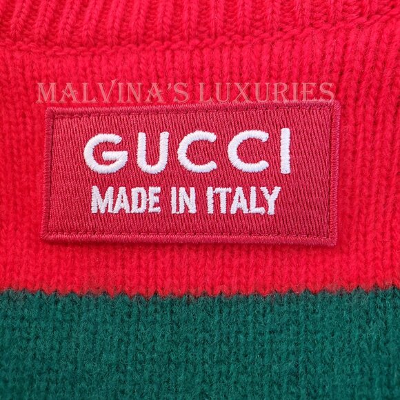 GUCCI MENS SWEATER RED GREEN FELTED WOOL STRIPED PULLOVER V-NECK - Picture 13 of 16